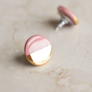 Porcelain Round Stud kõrvarõngad Pink & Gold - roosad portselanist ehted kullaga